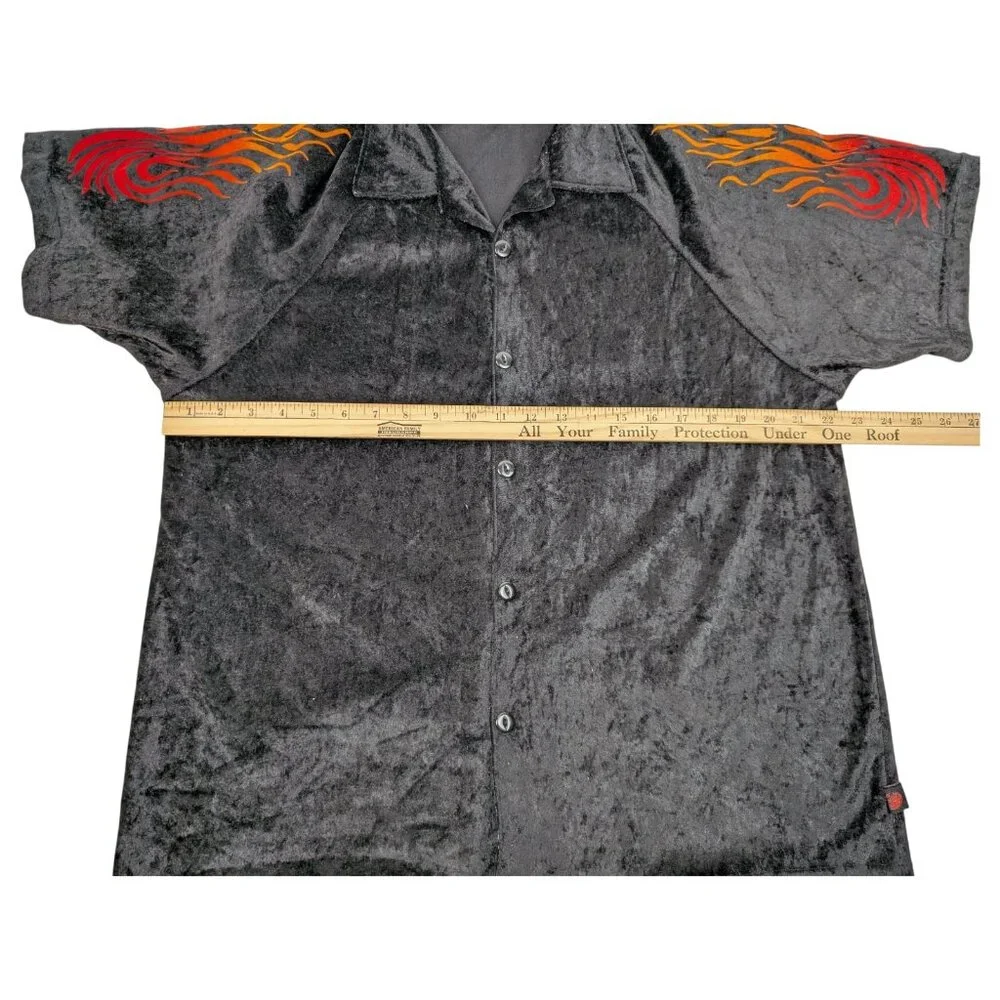Vintage Y2K Crushed Velvet Button‎ Down Flame Shirt Size Medium